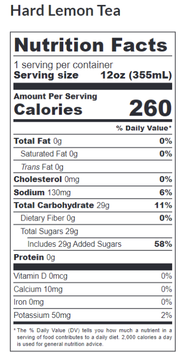 Hard Lemon Tea Nutrition Facts Label