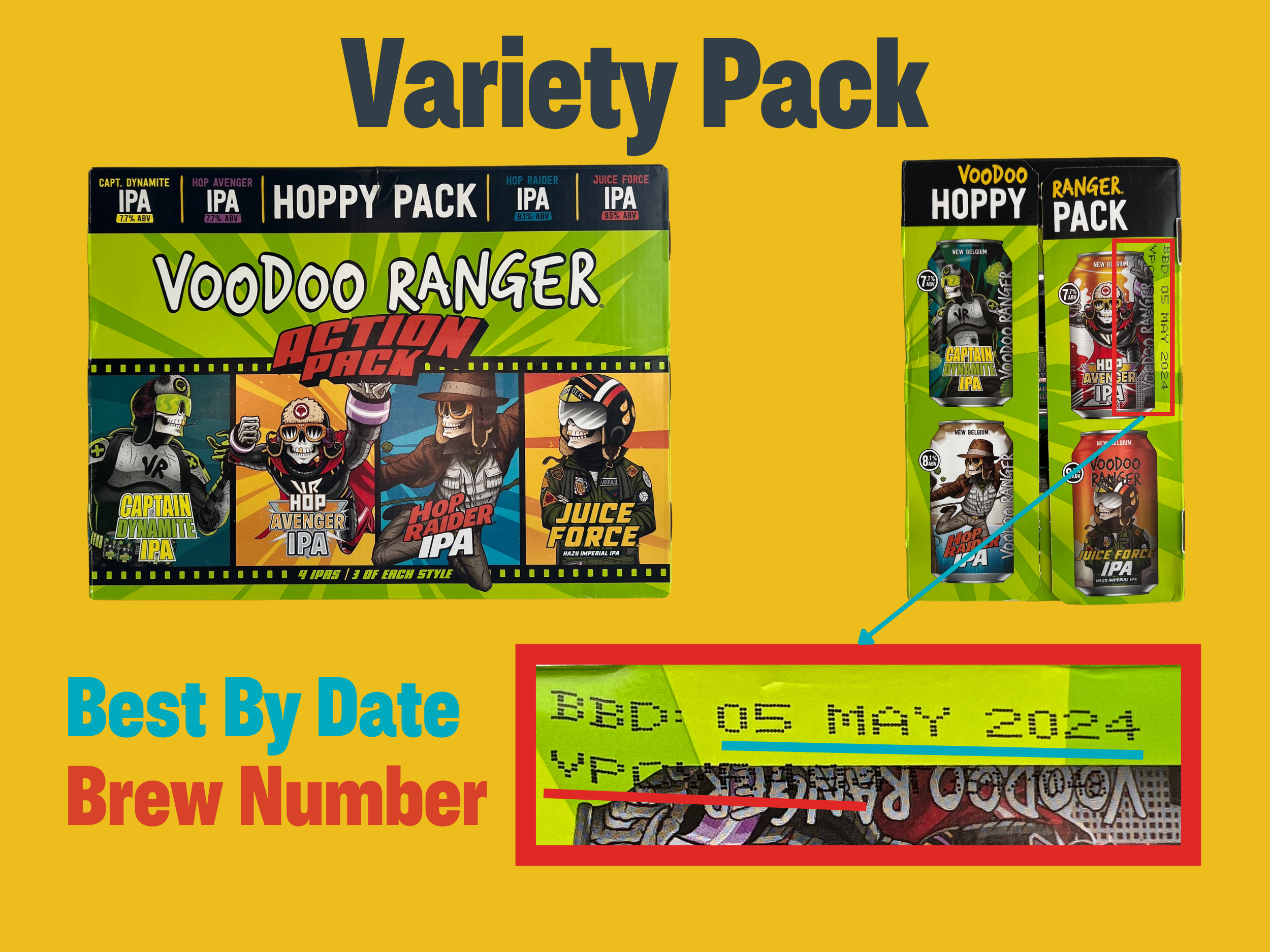 12-pack box of beer cans with batch and packaging infographic