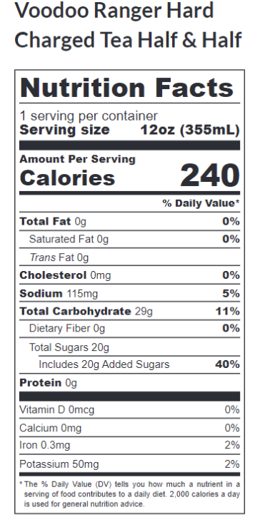 Half and Half Hardcharged Tea Nutrition Facts Label