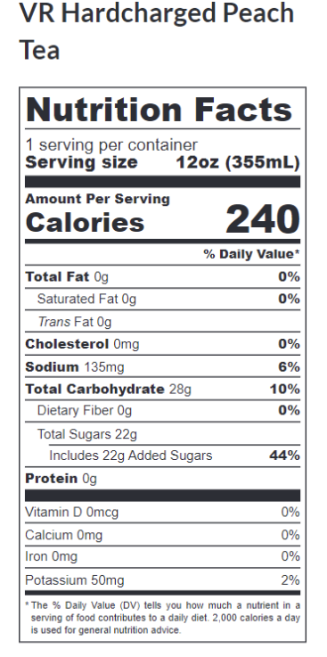 Hardcharged Peach Tea Nutrition Facts Label