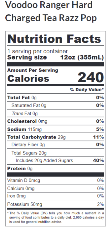 Hardcharged Razz Pop Tea Nutrition Facts Label